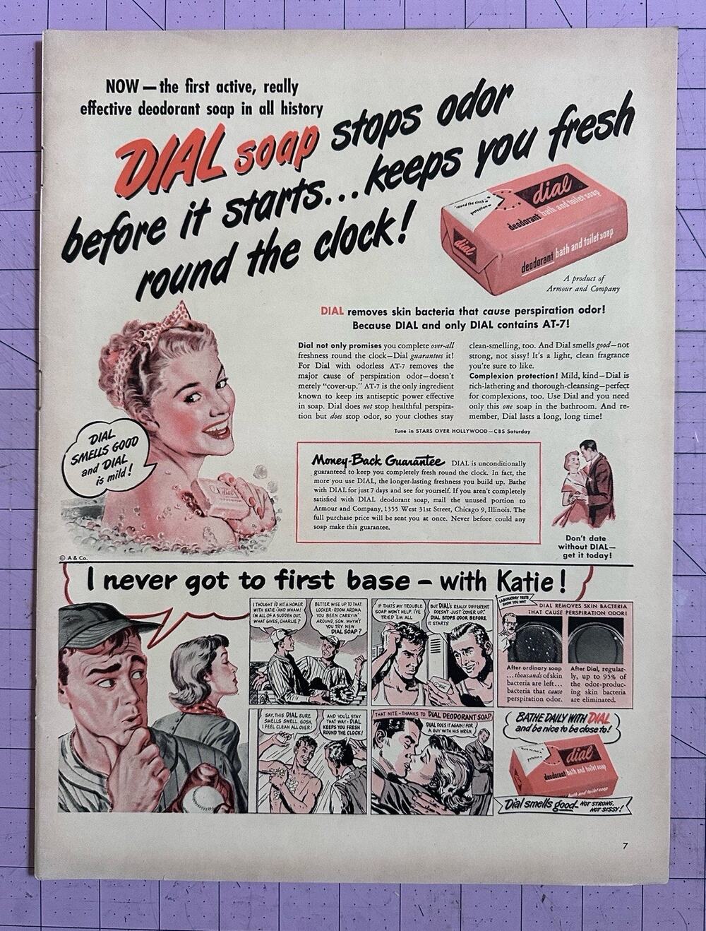 VTG 1949 Original Magazine Ad DIAL Soap I Never Got To First Base With Katie